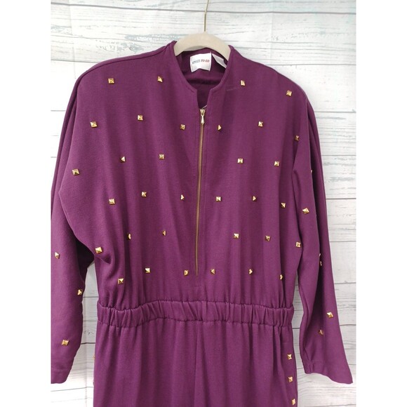 Styles To Go Jumpsuit Burgundy Purple Long Sleeve Stretch Studded Sz M - Picture 2 of 7
